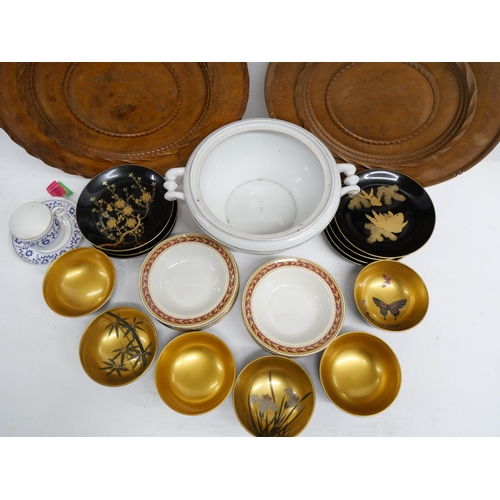 2270 - A collection of oriental paper mache plates and bowls with gilt detailing together with a Crown Derb... 