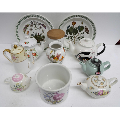 2275 - Five teapots, one coffee pot, cake stand and a Portmeirion plant pot, vase and caddy with lid, plate... 