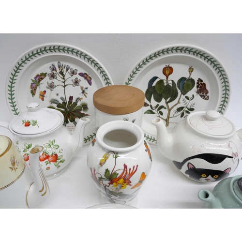 2275 - Five teapots, one coffee pot, cake stand and a Portmeirion plant pot, vase and caddy with lid, plate... 