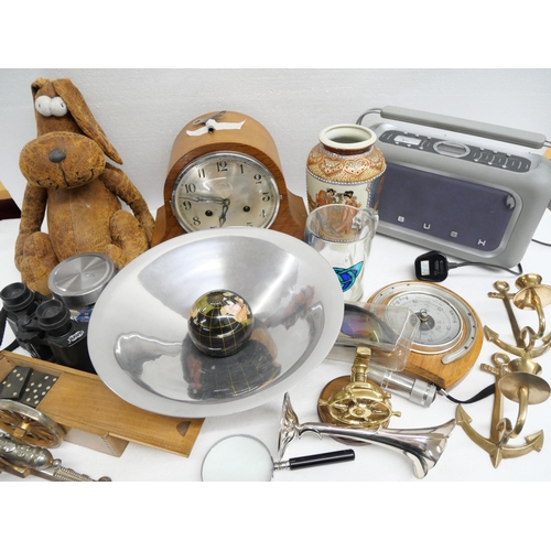 2285 - Assorted items; mantel clock, marbles, an oriental vase, glass, a radio, barometer, nut cracker, a s... 