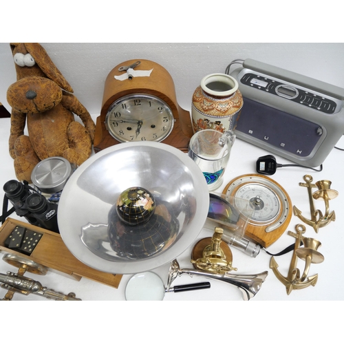 2285 - Assorted items; mantel clock, marbles, an oriental vase, glass, a radio, barometer, nut cracker, a s... 