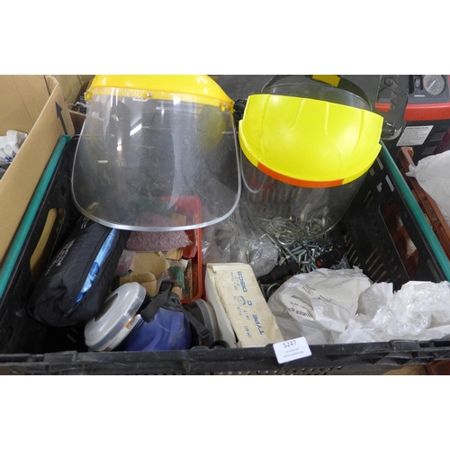 A box of assorted diy items including first aid kit, sanding disks ...