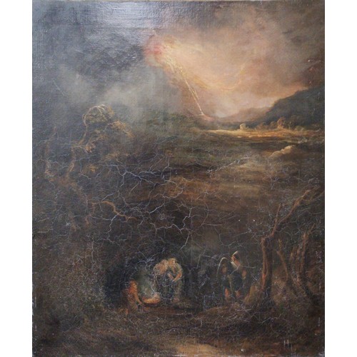 286 - Circle of John Martin, romantic landscape at night, oil on canvas, unframed