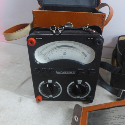 5158 - A collection of vintage electronic items including a Megger Multi-Range Tester, an Avo Avometer 8 an... 