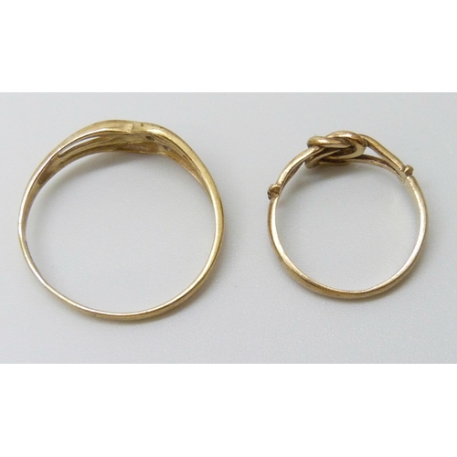 7009 - Two 9ct gold rings, one set with white spinel, 1.2g, Q, and a knot ring, 1g, F