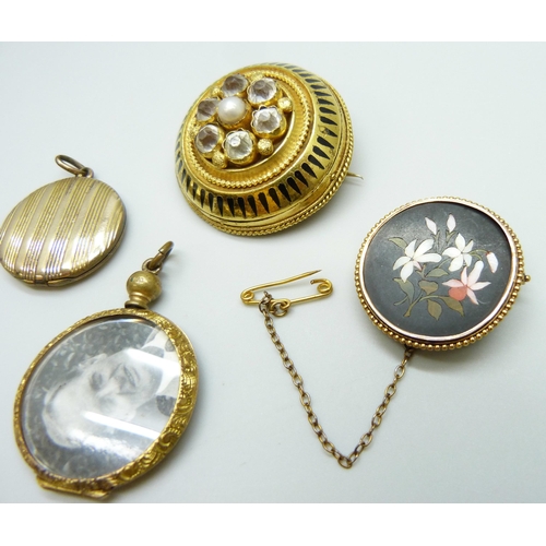 7012 - A pietra dura brooch, a locket, a photograph pendant, and a brooch