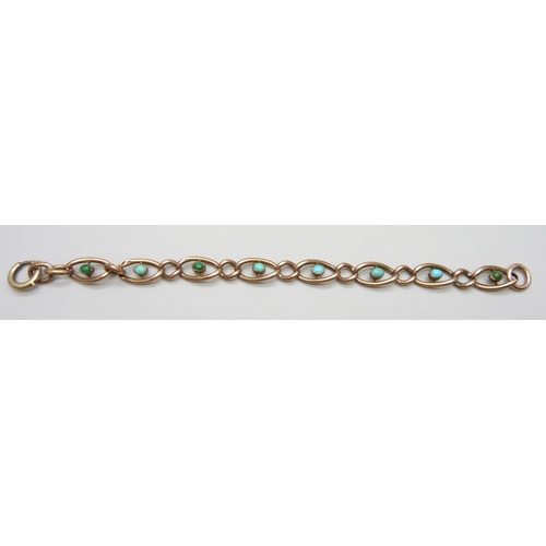 7027 - A yellow metal bracelet set with turquoise, a/f and replacement clasp, 6.7g, 15.5cm