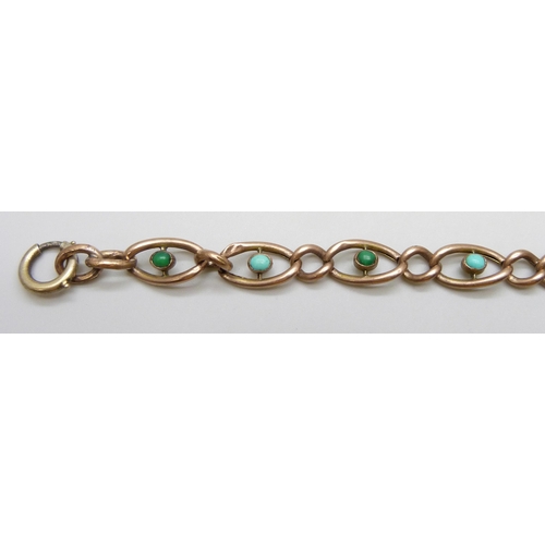 7027 - A yellow metal bracelet set with turquoise, a/f and replacement clasp, 6.7g, 15.5cm