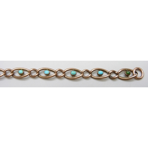 7027 - A yellow metal bracelet set with turquoise, a/f and replacement clasp, 6.7g, 15.5cm