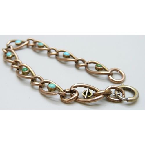 7027 - A yellow metal bracelet set with turquoise, a/f and replacement clasp, 6.7g, 15.5cm