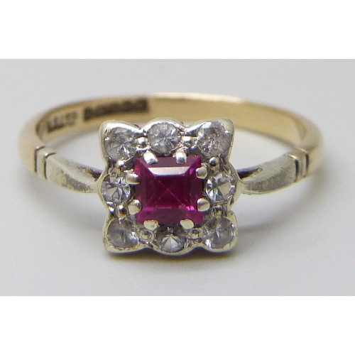 7031 - A 9ct gold, ruby and white spinel ring, 1.7g, K