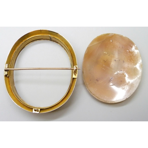 7034 - A yellow metal mounted cameo brooch, 11.9g, 5.5cm, cameo loose