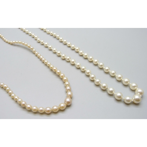 7042 - A string of pearls with a silver clasp, 41.5cm, 9.6g, and a string of faux pearls with a silver gilt... 