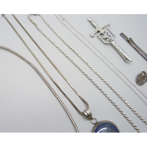 7051 - A collection of silver jewellery including a stone set pendant, chains and cufflinks, 52g, together ... 