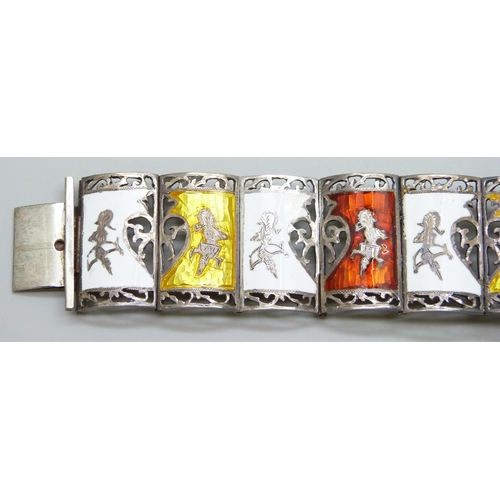 7051H - A Siam silver and enamel panel bracelet, 50g, 16.3cm