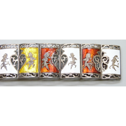 7051H - A Siam silver and enamel panel bracelet, 50g, 16.3cm