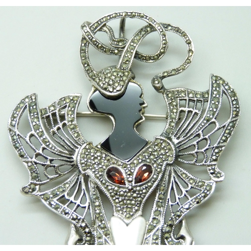 7051I - An Art Deco silver and marcasite pendant in the style of Henri Vever, 43g, 10.3cm