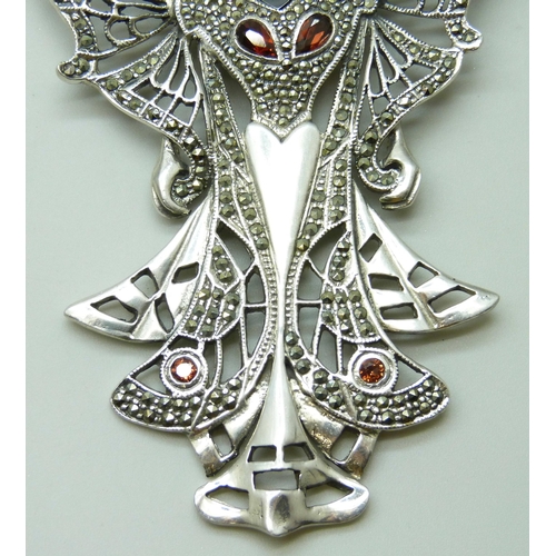 7051I - An Art Deco silver and marcasite pendant in the style of Henri Vever, 43g, 10.3cm