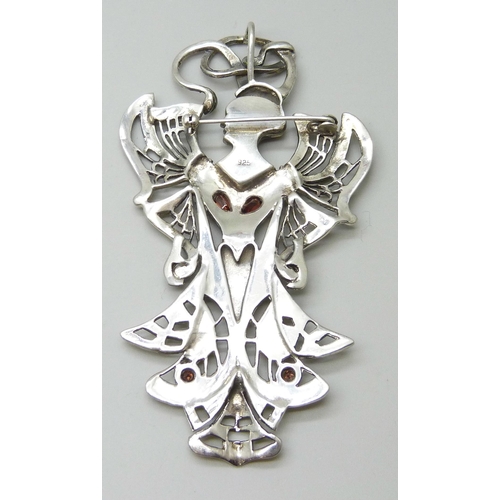 7051I - An Art Deco silver and marcasite pendant in the style of Henri Vever, 43g, 10.3cm