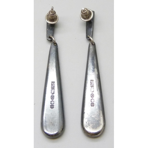 7051M - A pair of designer style silver drop earrings, PN, London 2010