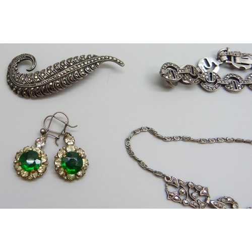 7052 - A collection of marcasite set silver jewellery - a necklace, brooch and two bracelets, 54g total, to... 