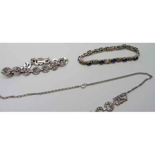 7052 - A collection of marcasite set silver jewellery - a necklace, brooch and two bracelets, 54g total, to... 