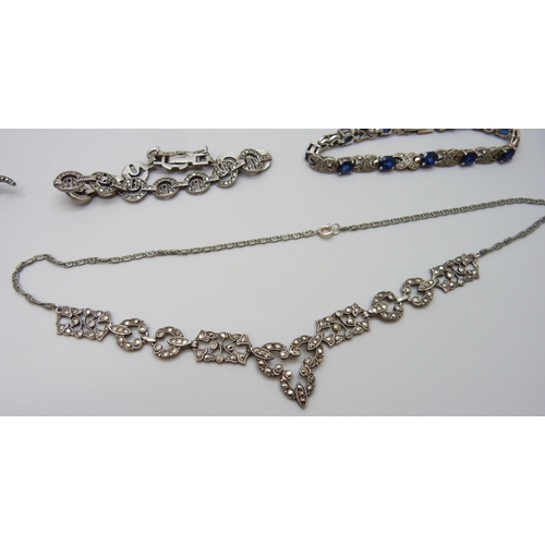 7052 - A collection of marcasite set silver jewellery - a necklace, brooch and two bracelets, 54g total, to... 