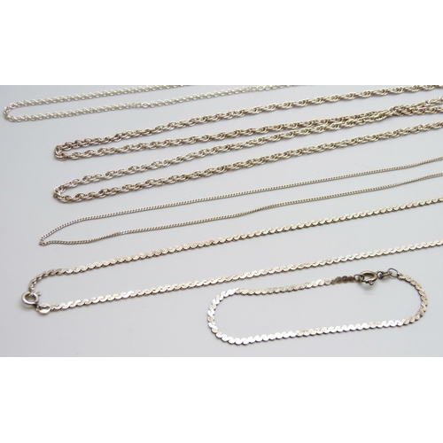 7069 - Five silver chains and a silver bracelet, 48g