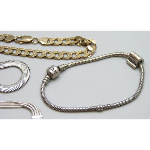 7075 - Two silver Pandora bracelets and two other silver bracelets including a gilt curb example, 52g