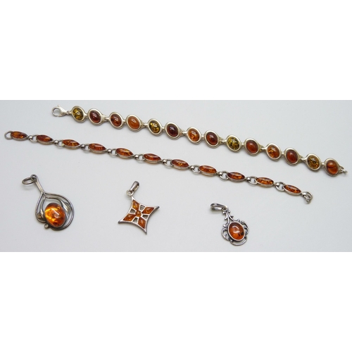 7076 - Three silver and amber pendants, a silver bracelet lacking fastener, 13g total, and an unmarked brac... 