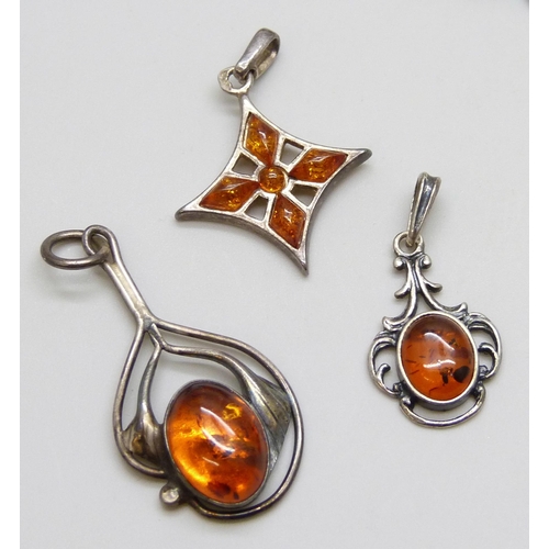 7076 - Three silver and amber pendants, a silver bracelet lacking fastener, 13g total, and an unmarked brac... 