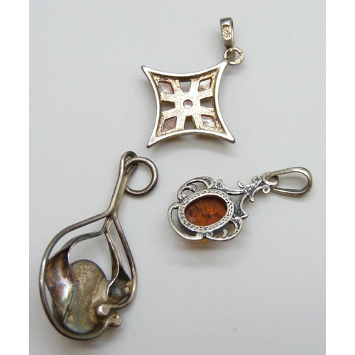 7076 - Three silver and amber pendants, a silver bracelet lacking fastener, 13g total, and an unmarked brac... 