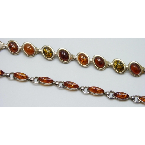 7076 - Three silver and amber pendants, a silver bracelet lacking fastener, 13g total, and an unmarked brac... 