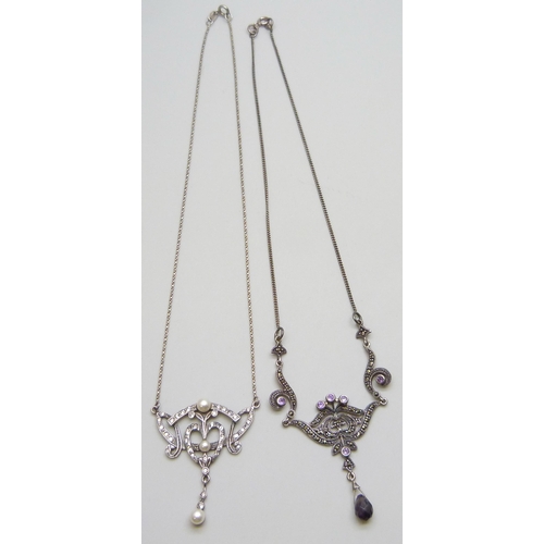 7084A - Two silver stone set necklaces, 16g