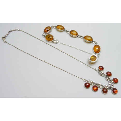 7084C - A silver and amber bracelet and necklace, 23g