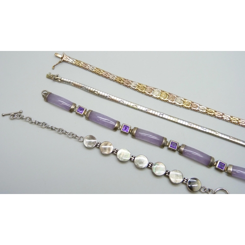 7092 - Four silver bracelets including one set with amethyst, lacking clasp, 44g total