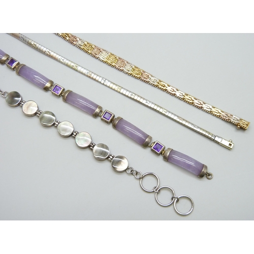 7092 - Four silver bracelets including one set with amethyst, lacking clasp, 44g total