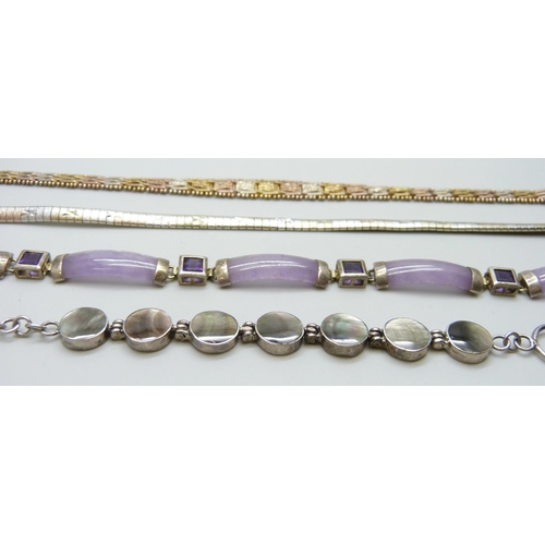 7092 - Four silver bracelets including one set with amethyst, lacking clasp, 44g total