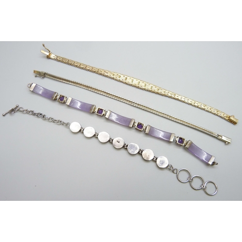 7092 - Four silver bracelets including one set with amethyst, lacking clasp, 44g total