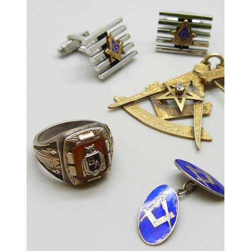 7094 - A novelty silver bookmark, a silver gilt Masonic medal, a pair of silver Masonic cufflinks, a silver... 