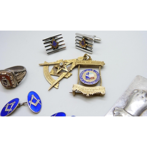 7094 - A novelty silver bookmark, a silver gilt Masonic medal, a pair of silver Masonic cufflinks, a silver... 