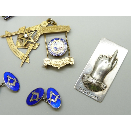 7094 - A novelty silver bookmark, a silver gilt Masonic medal, a pair of silver Masonic cufflinks, a silver... 