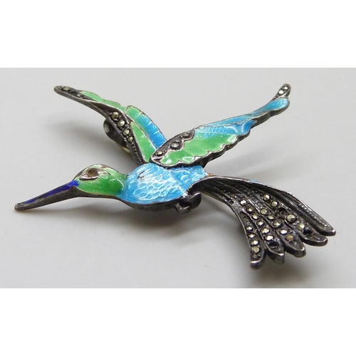 7099 - A silver, enamel and marcasite bird brooch, acid tests as silver, 9g, 5cm