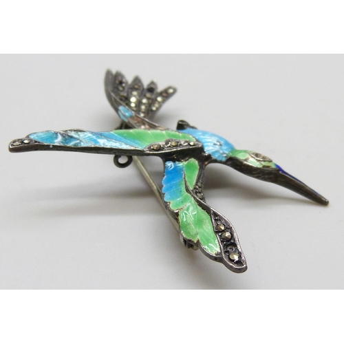 7099 - A silver, enamel and marcasite bird brooch, acid tests as silver, 9g, 5cm