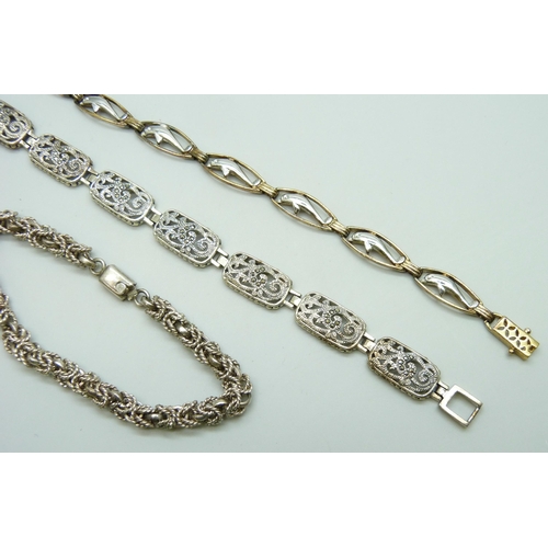 7106 - Three silver bracelets including a Mexican silver Byzantine link example