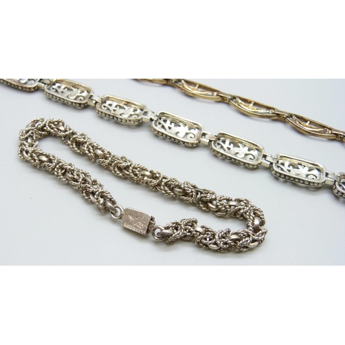 7106 - Three silver bracelets including a Mexican silver Byzantine link example