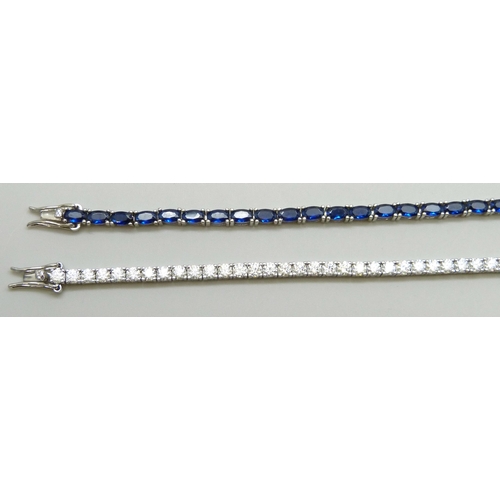 7119 - Two silver tennis bracelets set with stones - one set with white stones, 18cm, 9.5g, and the other s... 