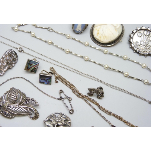 7120 - A collection of silver and white metal jewellery, 130g, together with some costume pieces