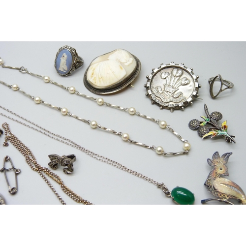 7120 - A collection of silver and white metal jewellery, 130g, together with some costume pieces