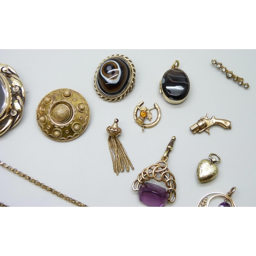 7126 - A collection of Victorian and later jewellery including brooches, pendants, a locket, a long guard c... 